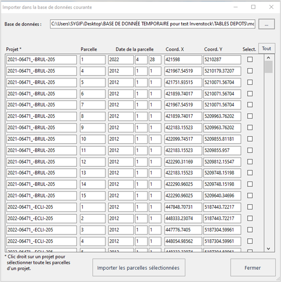 Fenêtre Importer une base de données