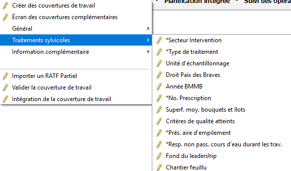 Capture d’écran – Menu Traitements sylvicoles